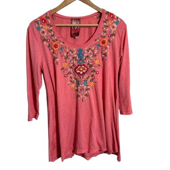 Johnny Was Embroidered Floral Tunic Top M Pink Cotton Blend 3/4 Sleeve Scoop - Picture 1 of 9